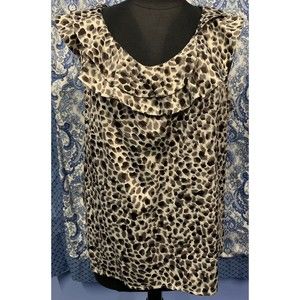 ANN TAYLOR Size 12 Black Gray Print Sleeveless Ruffle Neck Blouse EUC